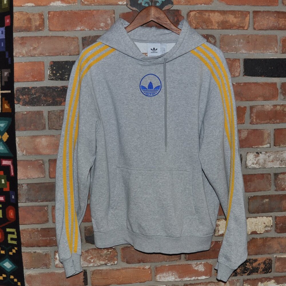 Adidas Yellow 3 Striped, Blue Embroidered Circle Trefoil  Grey Hoodie Sweater M